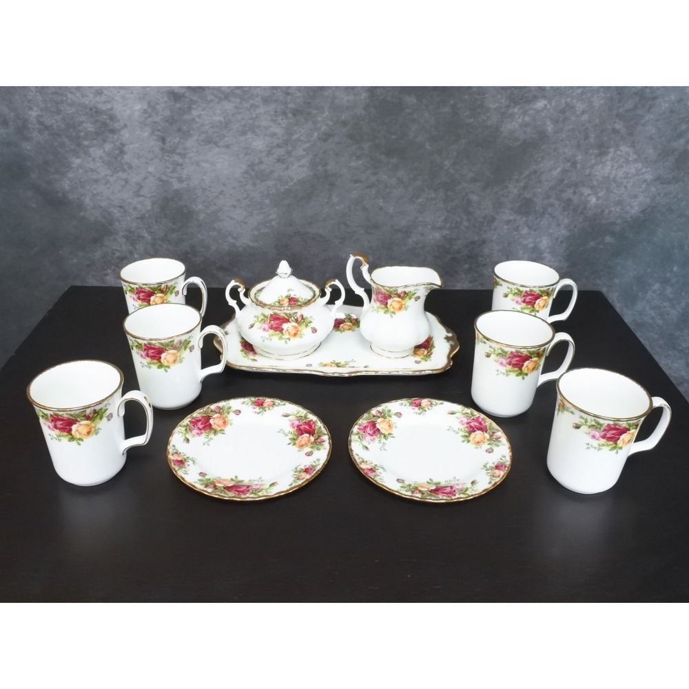 Royal Albert Country Roses Mugs Plates Sandwich Tray Sugar Creamer Tea Set